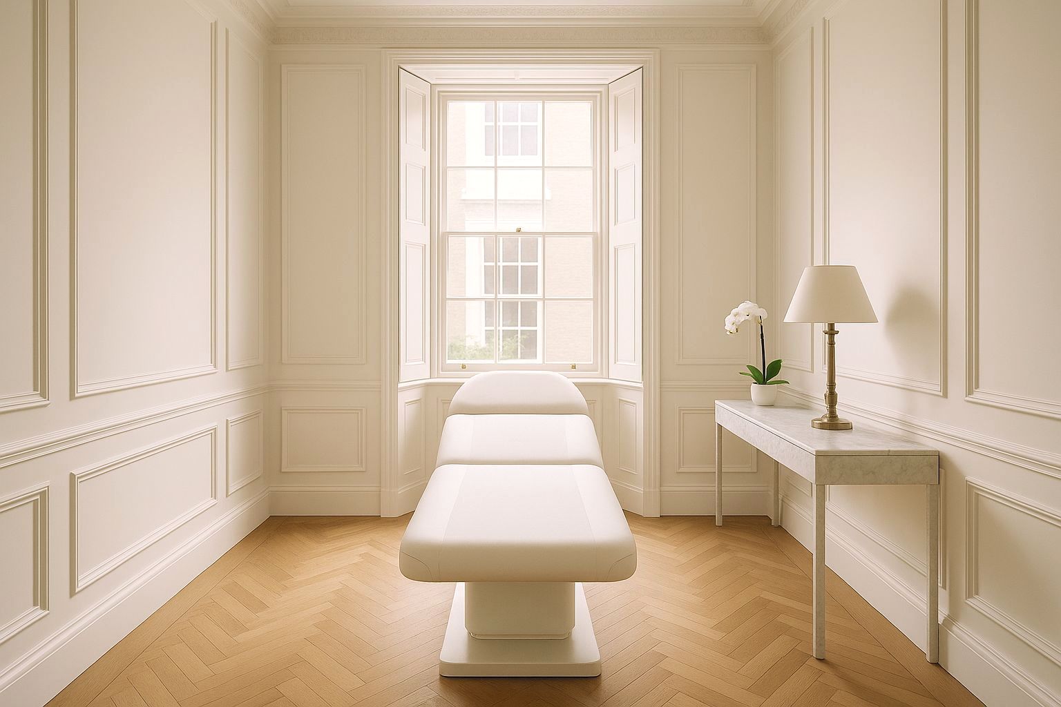 Treatment room at a London aesthetic clinic, natural daylight